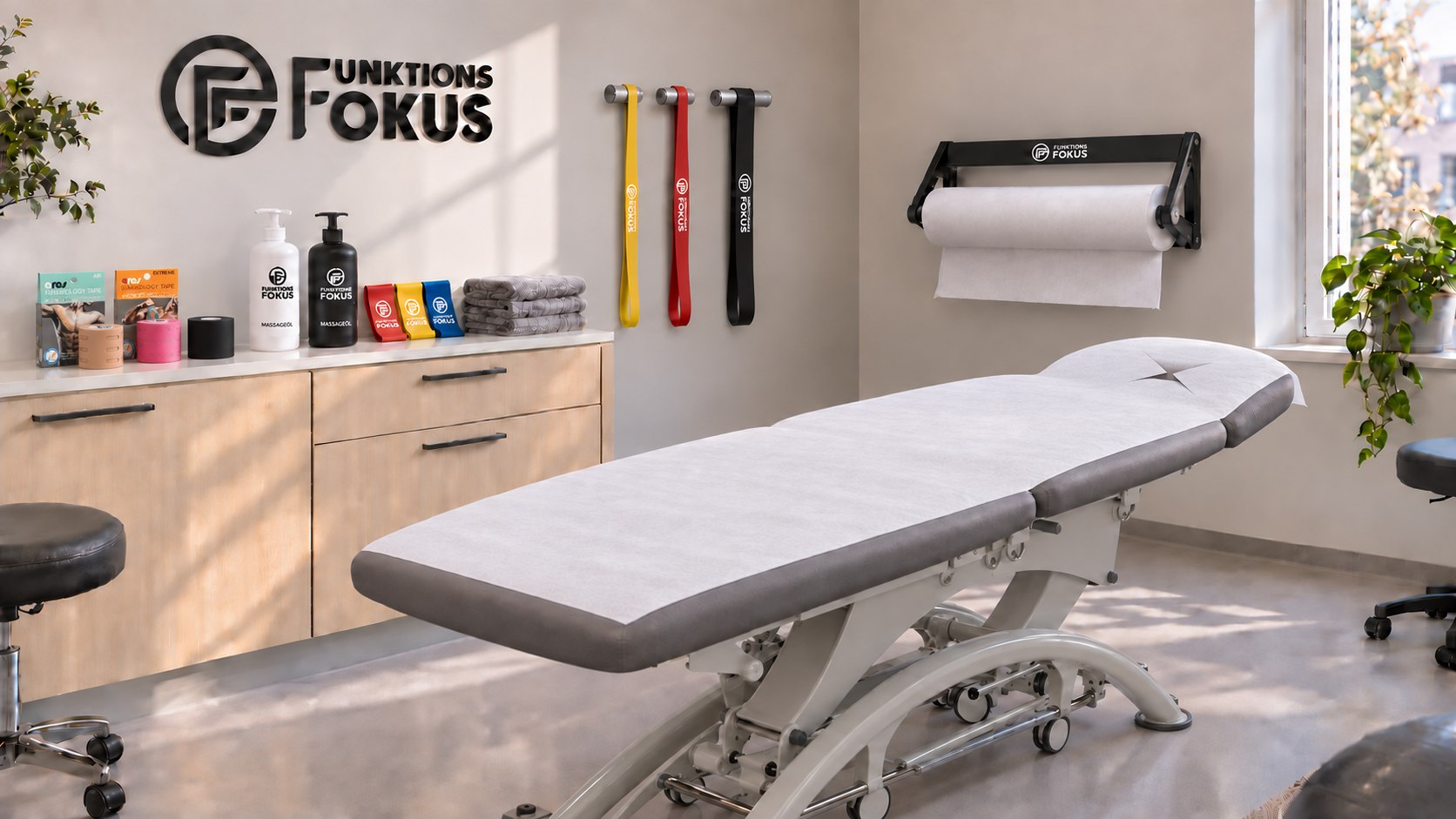 Klinikmiljö med behandlingsbänk, bänkpapper, tejp och träningsband från Funktionsfokus